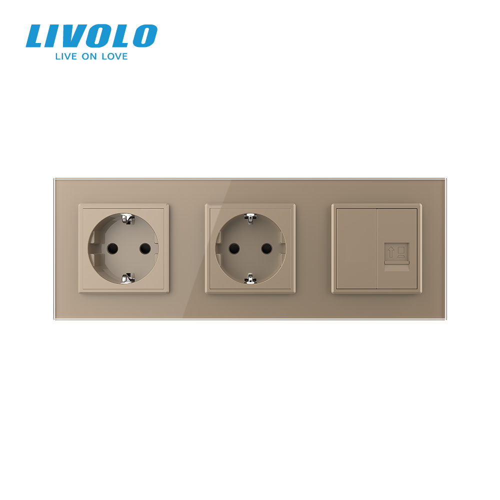 LIVOLO Розетка тримісна комбінована Силова Інтернет Livolo золото скло (VL-C7C2EU1CK0-13) Коломия - фото 2