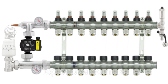 Колектор в зборі на 9 пар виходів нержавійка  "Raftec" ARC9 для Теплої Підлоги з розходомірами Чернівці