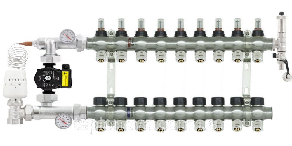 Колектор в зборі на 9 пар виходів нержавійка  "Raftec" ARC9 для Теплої Підлоги з розходомірами Чернівці - фото 1