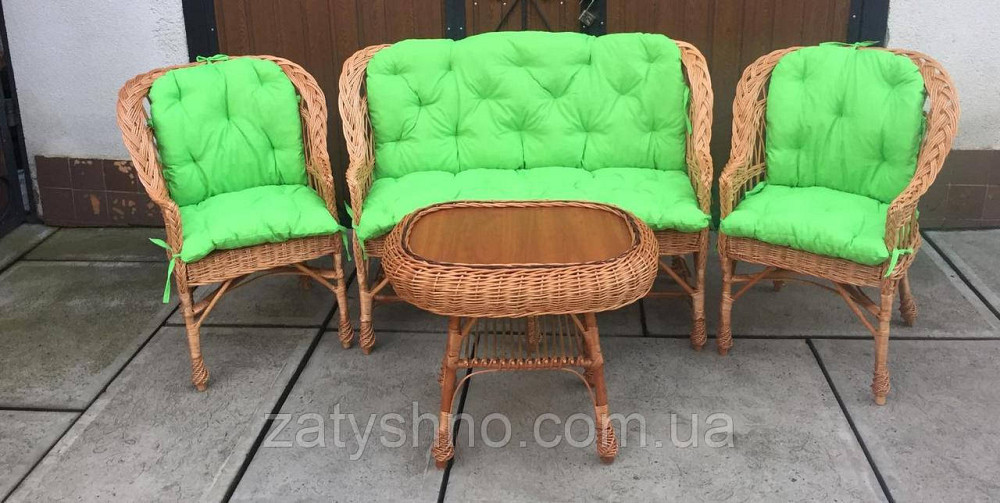 Комплект плетених меблів зі столом |  Меблі із салатовими накидками | меблі дачні Київ - фото 1