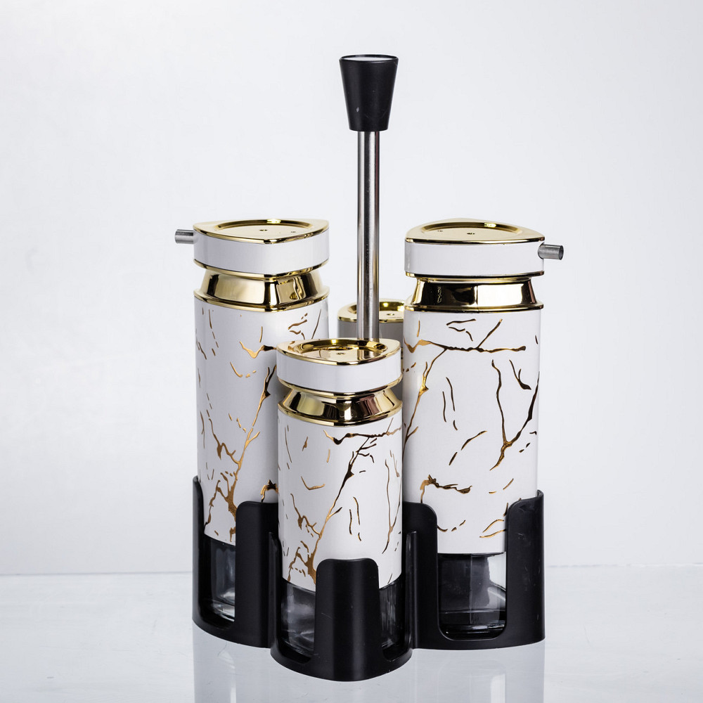 Набір баночок для спецій і рідких текстур 4 предмети на підставці білий мармур HP-1331 Київ - фото 3