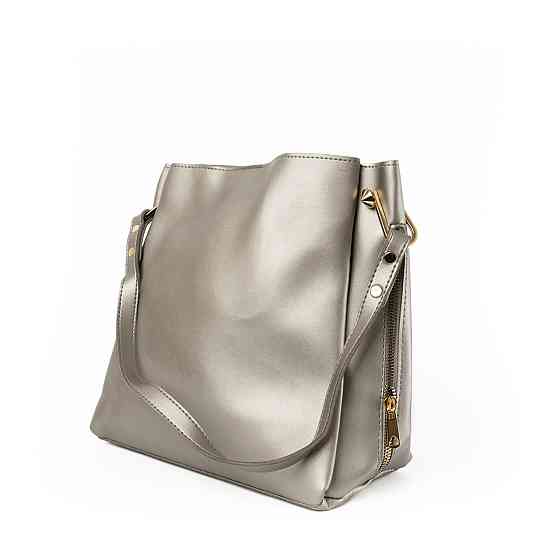 Сумка женская через плечо вместительная стильная из искусственной кожи с боковыми молниями, Стальной Каменец-Подольский