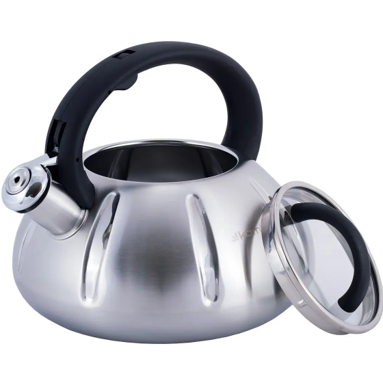 Чайник 3л нержавіюча сталь зі свистком зі скляною кришкою (ручка:чорний) 0671A KAMILLE Житомир - фото 5