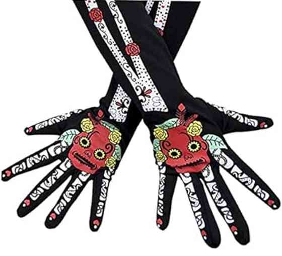Рукавички для рук високі мексиканській прінт Череп Хелловін 38 см чорні Київ
