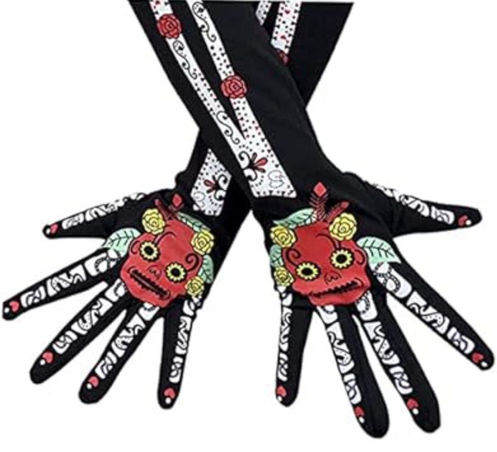 Рукавички для рук високі мексиканській прінт Череп Хелловін 38 см чорні Київ - фото 2