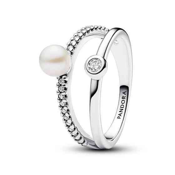 Срібна каблучка Pandora подвійна з перлиною та паве 193147C01 58 MasterSem Київ