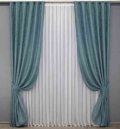 Комплект готових штор VR-Textil Льон мармур Pavliani № 1369ш Лазурний 150х250 см 2 шт (39-959) Київ