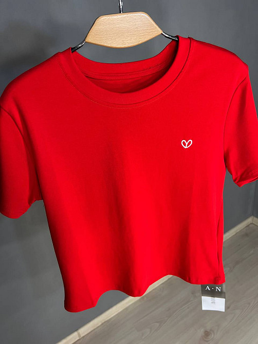 Футболка жіноча A-N 911-12 базова маленька вишивка серце середньої довжини one size червона, червоний, one size Київ - фото 17