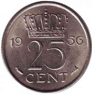 Монета 25 центов. 1956 год, Нидерланды. Полтава