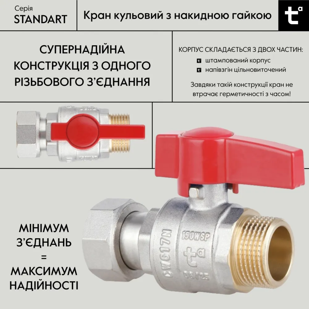 Кран кульовий Thermo Alliance Standart 3/4" ВН прямий, PN40, з накидною гайкою TAS261W20 Київ - фото 9
