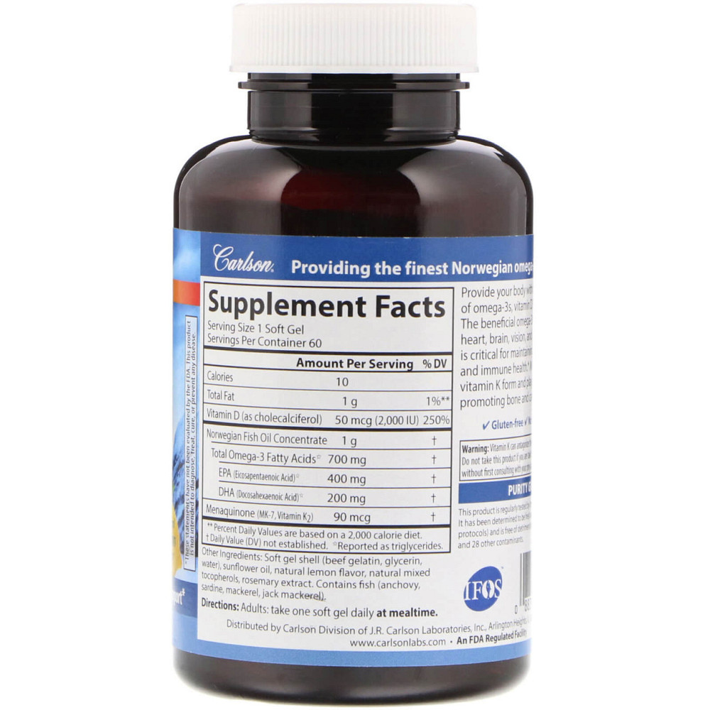 Омега 3 + витамин Д3 и витамин К Carlson Omega-3 Plus D & K 60 гл капс лимон Киев - изображение 2