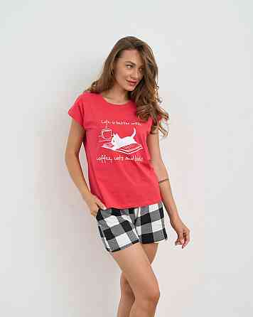 Женская пижама комплект с шортиками в клетку - Кофе, котики и книги Nicoletta 60244 L, Красный, Розовый, Киев