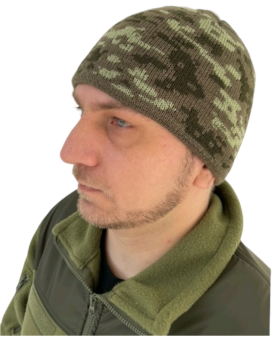 Тепла в'язана шапка на флісі піксель хакі Одеса - фото 1