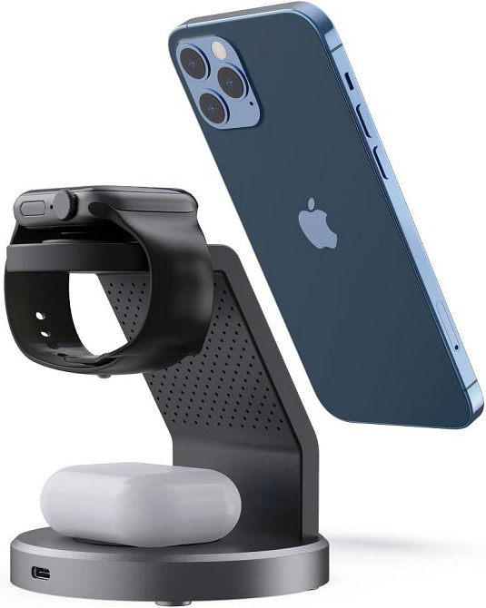 Магнітна зарядна док-станція СтенД 3в1 W11AP-23W Lightning для телефона годинника та навушників Чорний Вінниця - фото 2