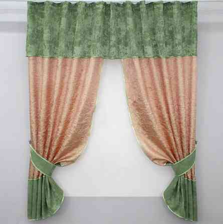 Кухонные шторы VR-Textil № 073к с ламбрекеном и подхватами персиковый с оливковым 270х170 см (52-0477) Киев
