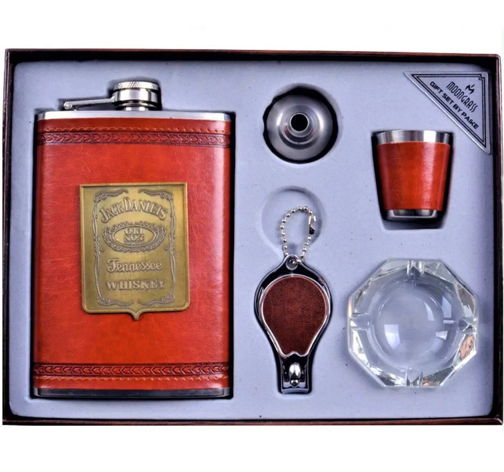 Подарунковий Набір 5 в 1 Jack Daniel's ( фляга, лійка, чарка, попільничка та кусачки для нігтів) Дніпро - фото 1