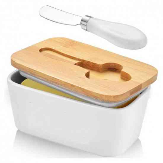 Масленка с ножом, керамическая, белая с бамбуковой крышкой 650мл Винница