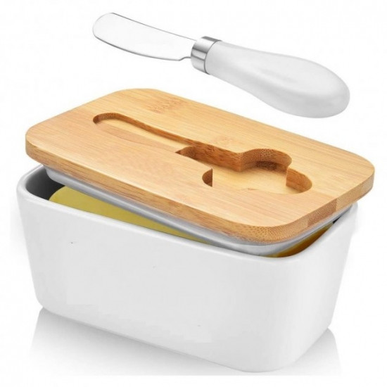 Масленка с ножом, керамическая, белая с бамбуковой крышкой 650мл Винница - изображение 3