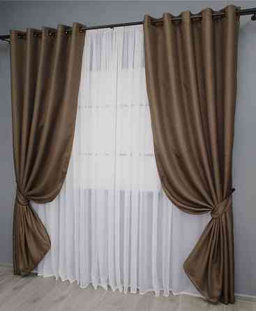 Комплект штор на люверсах VR-Textil Льон-блекаут Льон Мішковина № 277ш Коричневий 150х250см 2 шт (37-0189) Київ