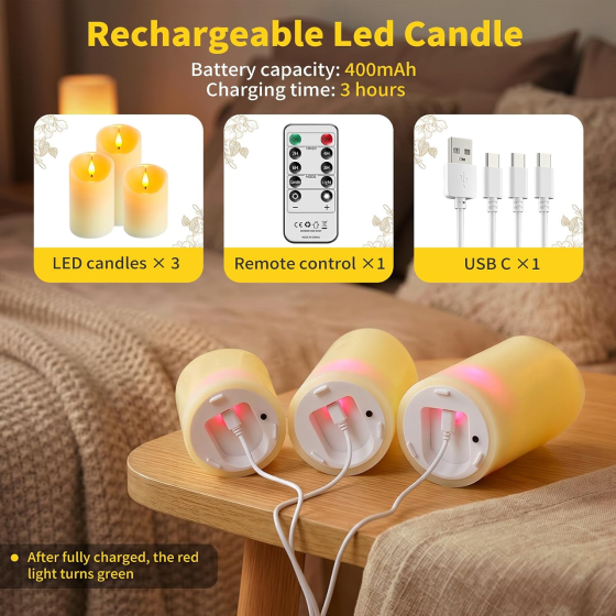LED-свічки Broyal 3 шт акумуляторні, натуральний віск, пульт, таймер 2/4/6/8 год, 5 рівнів яскравості Київ