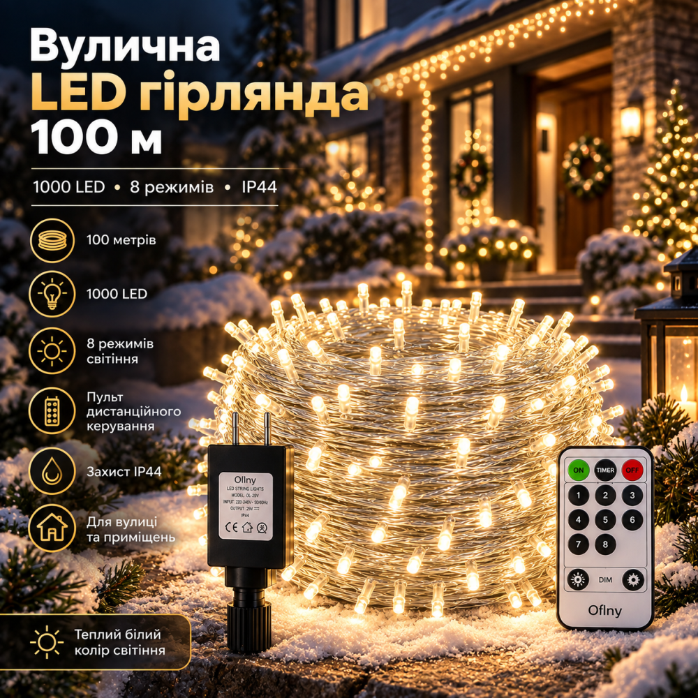Вулична LED гірлянда-нитка Ollny 100 м, 1000 LED, теплий білий, 8 режимів, пульт ДК, таймер, IP44, 29 В Київ - фото 12