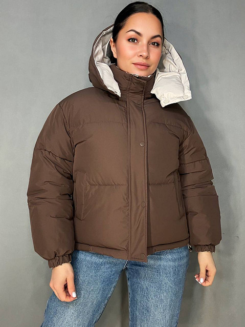 Куртка женская Fashions 87257 двухсторонняя пуффер с капюшоном коричневая с бежевым, коричневый с бежевым, L Киев - изображение 9