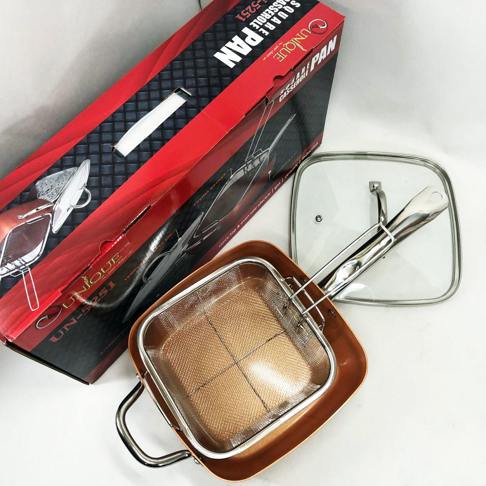 Сковорода-фритюрниця UNIQUE UN-5251 квадратна антипригарна з пароваркою та каструлею + скляна кришка 24 см ST-44 Львів - фото 9