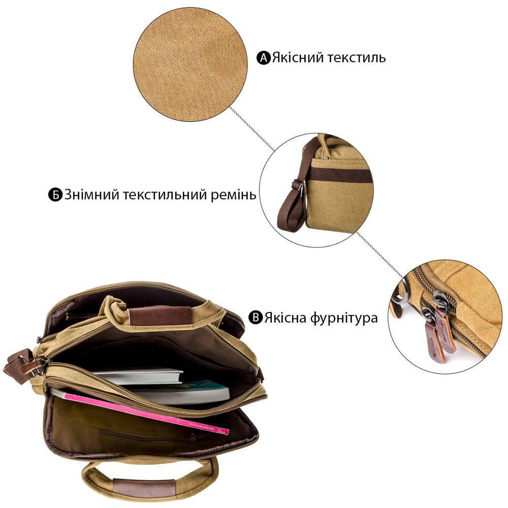 Сумка текстильна для ноутбука на два відділення Хакі (Vintage) Київ - фото 2