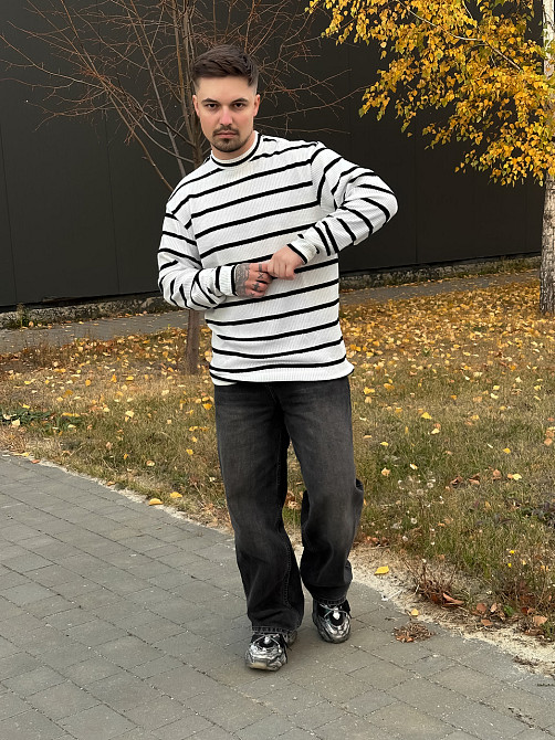 Светр чоловічий в'язаний оверсайз у смужку зебра теплий біло-чорний L Одеса - фото 8