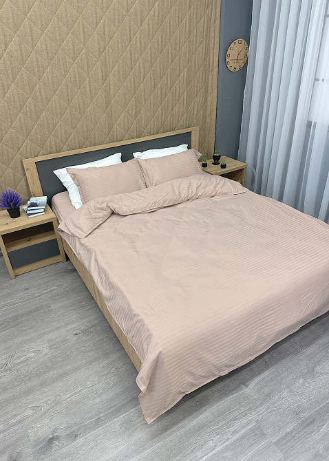 Комплект постельного белья Страйп-сатин Двуспальный 180х220 с простыней на резинке Таш (88-110) Киев - изображение 4