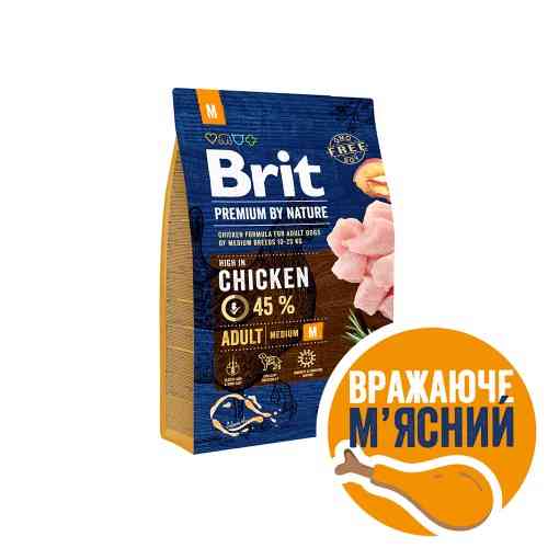 Корм сухой Brit Premium Dog Adult M для взрослых собак средних пород весом 10-25 кг с курицей 3 кг. Киев
