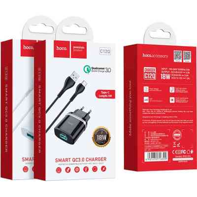 Зарядное устройство HOCO C12Q Smart USB QC3.0 + cable USB to USB-C 18W Black (6931474716293) Винница