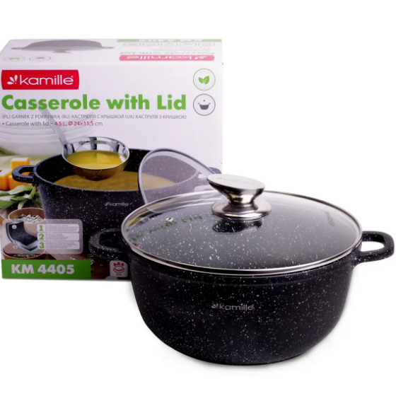 Каструля литий алюміній 4,5л 24*11,5см скляна кришка а/п Black marble 4405 KAMILLE Житомир - изображение 4