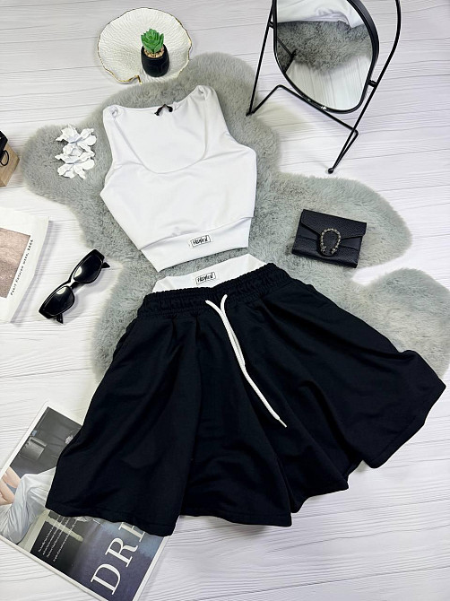 Жіночий стильний повсякденний літній костюм двонитка, натуральний еластичний мікродайвінг Чорний, 46/48 Одеса - фото 1