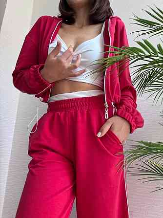 Женский прогулочный костюм тройка: кофта топ и штаны  двунить + микродайвинг Красный, 42/44 Одесса