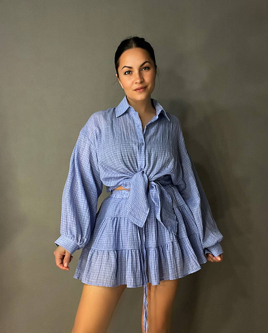 Костюм жіночий Xingyue 318-3 мусліновий у клітинку сорочка оверсайз і спідниця-шорти, блакитний, one size Київ - фото 1