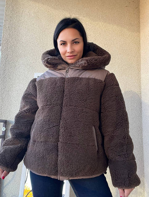 Куртка женская Lady Yep 9055 тедди комбинированный искусственный мех оверсайз с капюшоном, коричневый, 44-48 Киев - изображение 11
