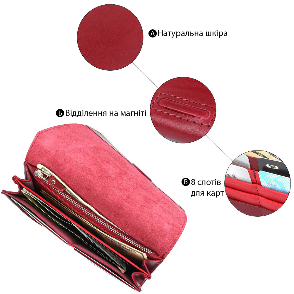 Отменный кожanый женский кошелек Бордовый (GRANDE PELLE) Киев - изображение 8