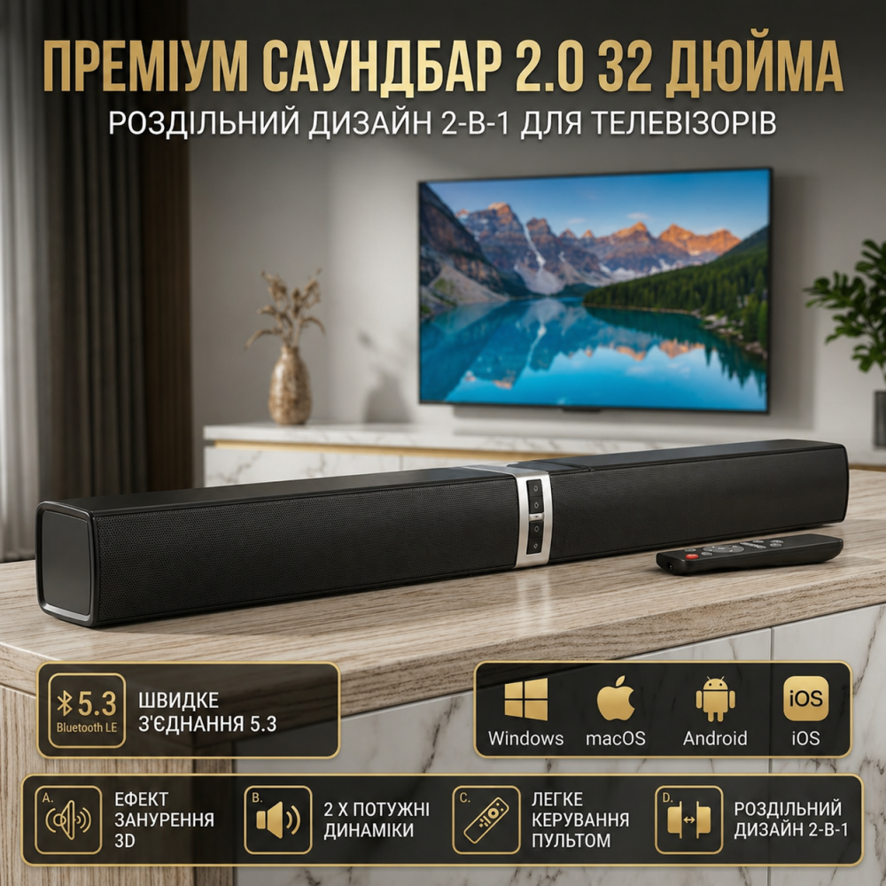 Саундбар 2.0 HoYLluDLL 32" 2-в-1: роздільна конструкція, 3D об'ємний звук, Bluetooth 5.3, HDMI ARC, Оптичний, AUX Київ - фото 1
