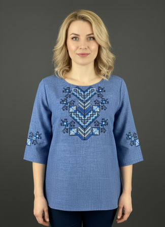 Вишита жіноча вишиванка в кольорі джинс з орнаментом «Дерево життя» 48 Київ