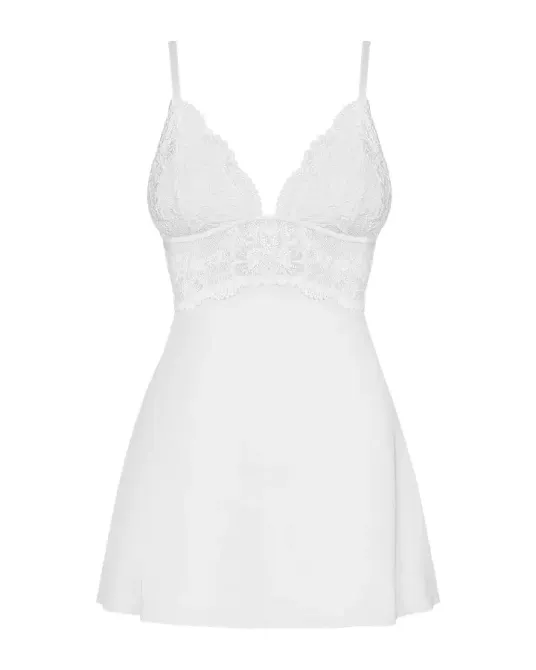 Сатиновий пеньюар із мереживом Obsessive 810-BAB-2 babydoll & thong S/M, білий, пеньюар, танга Львов - изображение 5