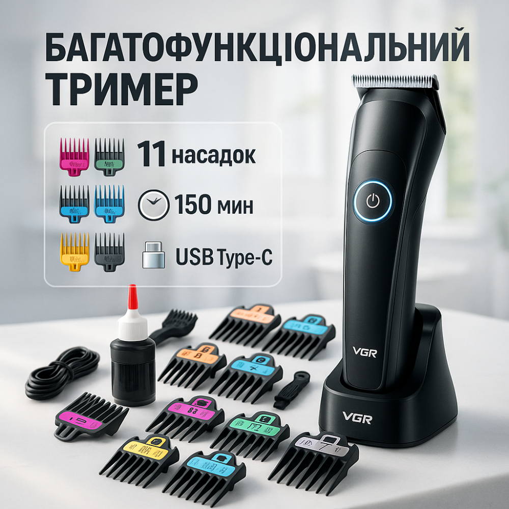 Тример з регульованою довжиною VGR, Електромашинка для стрижки, Машинка для стрижки волосся і потилиці VM-71 Львів - фото 17