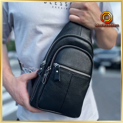 Чоловіча сумка-слінг із натуральної шкіри на одне плече чорна TIDING BAG Київ - фото 1