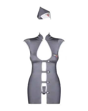 Еротичний костюм стюардеси Obsessive Stewardess 3 pcs costume grey L/XL, сірий, сукня, стрінги, піло Львов