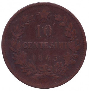 Віктор Еммануїл II. Монета 10 чентезимо. 1863 рік, Італія. Полтава - фото 1