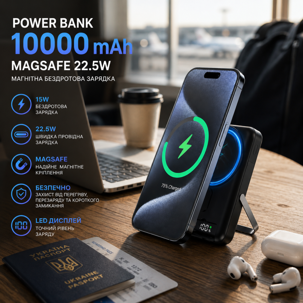 Power Bank 10000 mAh MagSafe 22.5W, портативний зарядний пристрій з бездротовою зарядкою 15W, USB-C PD, LED-дисплей, магнітний Київ - фото 8