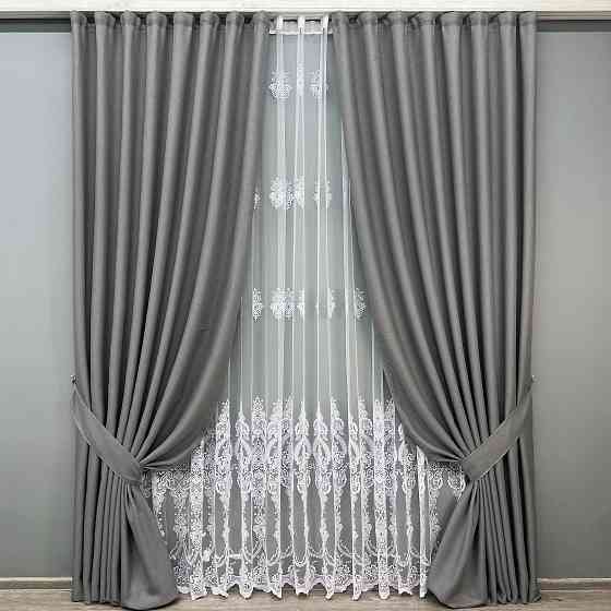 Комплект штор VR-Textil Лен Мешковина 150х270 2шт и Тюль 600х270 288ш-1571т Серый с белым 71-188/5 Киев