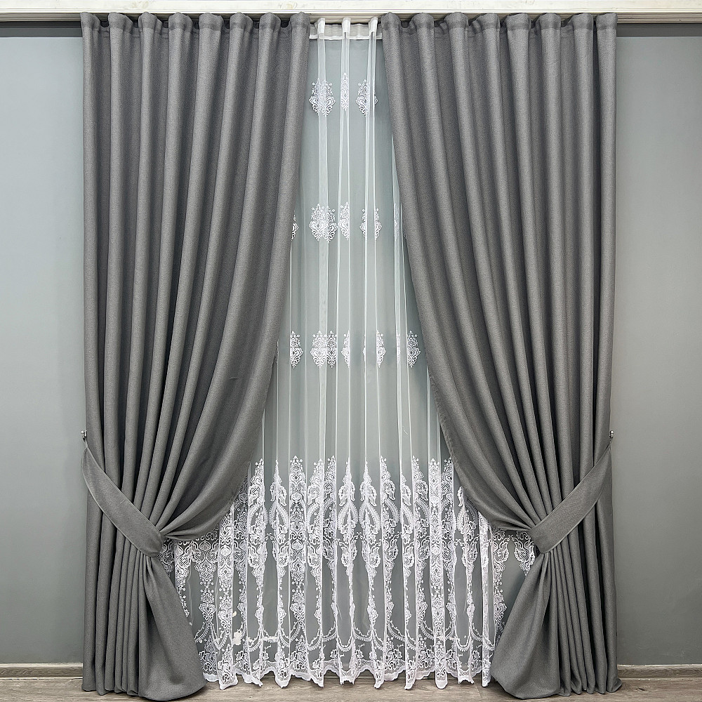 Комплект штор VR-Textil Лен Мешковина 150х270 2шт и Тюль 600х270 288ш-1571т Серый с белым 71-188/5 Киев - изображение 1