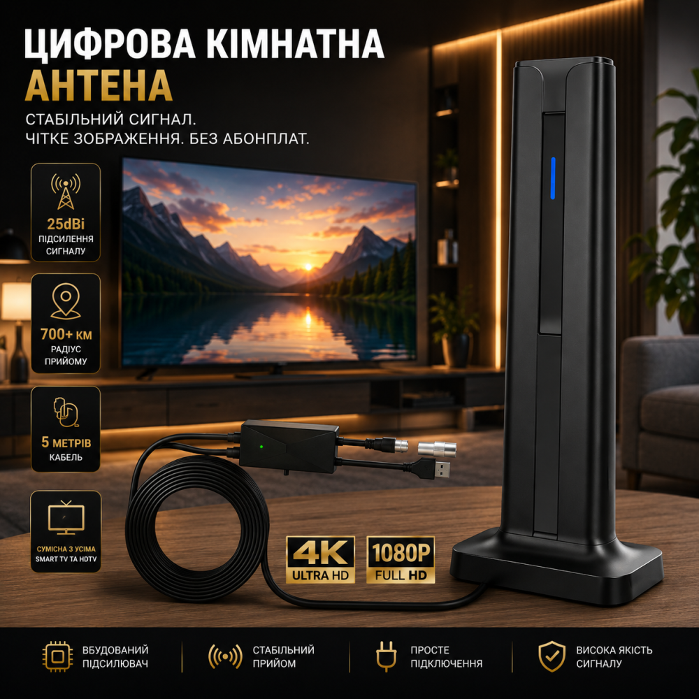 Цифровая комнатная антенна для Smart TV HDTV Amplified с усилителем сигнала 25dBi, кабель 5м, радиус 700+ км, Black Киев - изображение 1