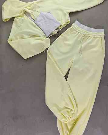 Жіночий прогулянковий оверсайз костюм-трійка: кофта топ і штани двонитка + мікродайвінг Лимонний Одеса